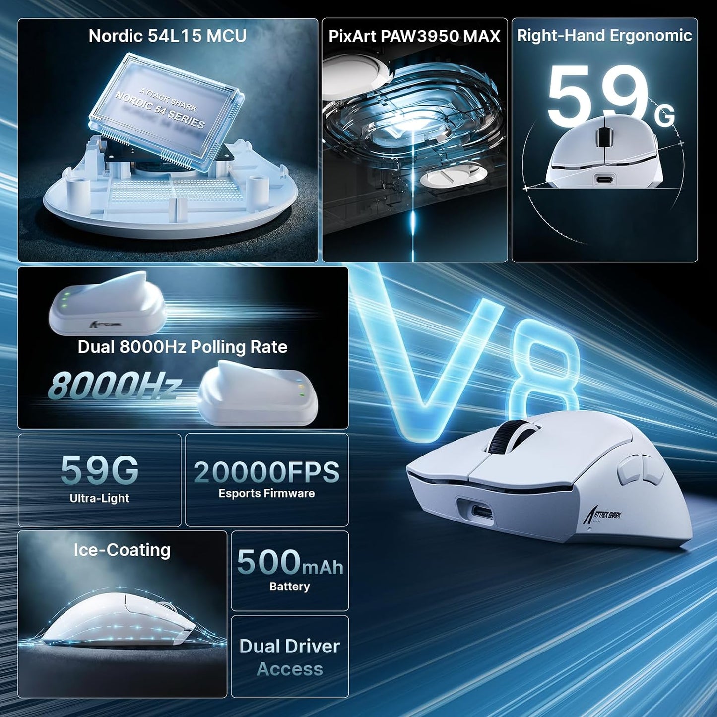 ATTACK SHARK V8 Ultra-Light Ergonomic Wireless Gaming Mouse