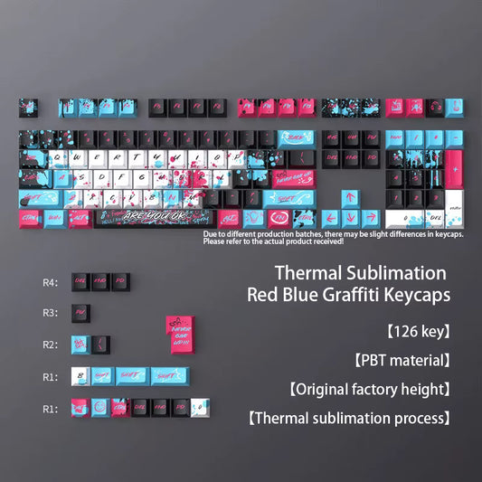 Dark Alien Manga Style Graffiti red-blue keycaps