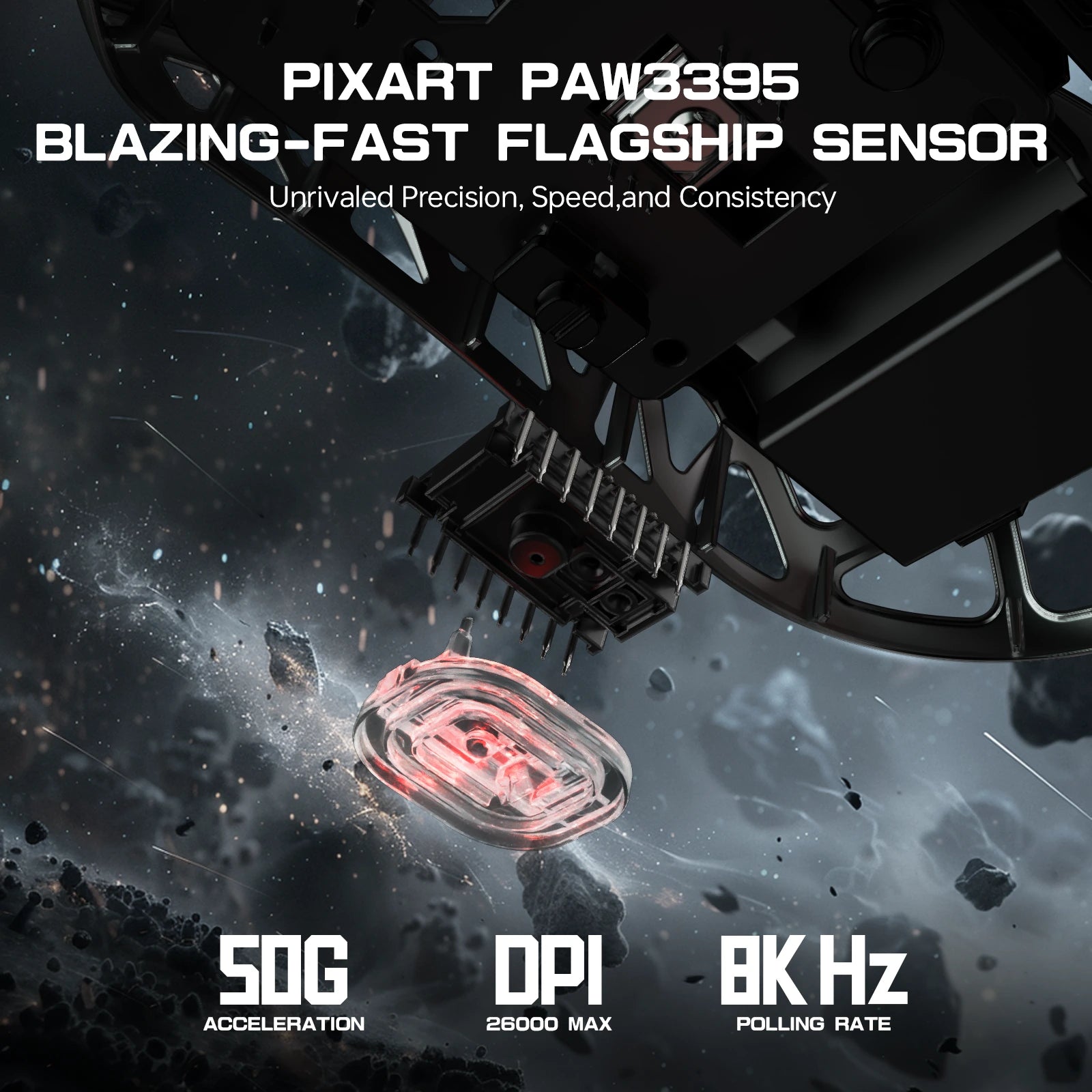 PixArt PAW3395 sensor showing specs: 50G acceleration, 26000 DPI, and 8000Hz polling rate.