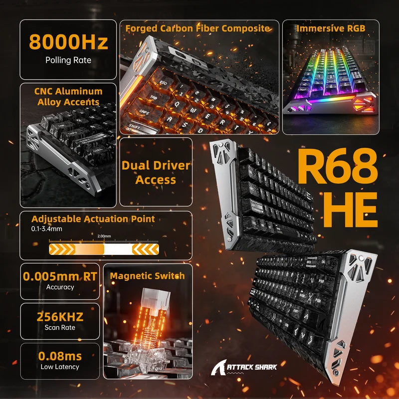 ATTACK SHARK R68 HE Carbon Fiber Rapid Trigger Keyboard Magnetic Switch
