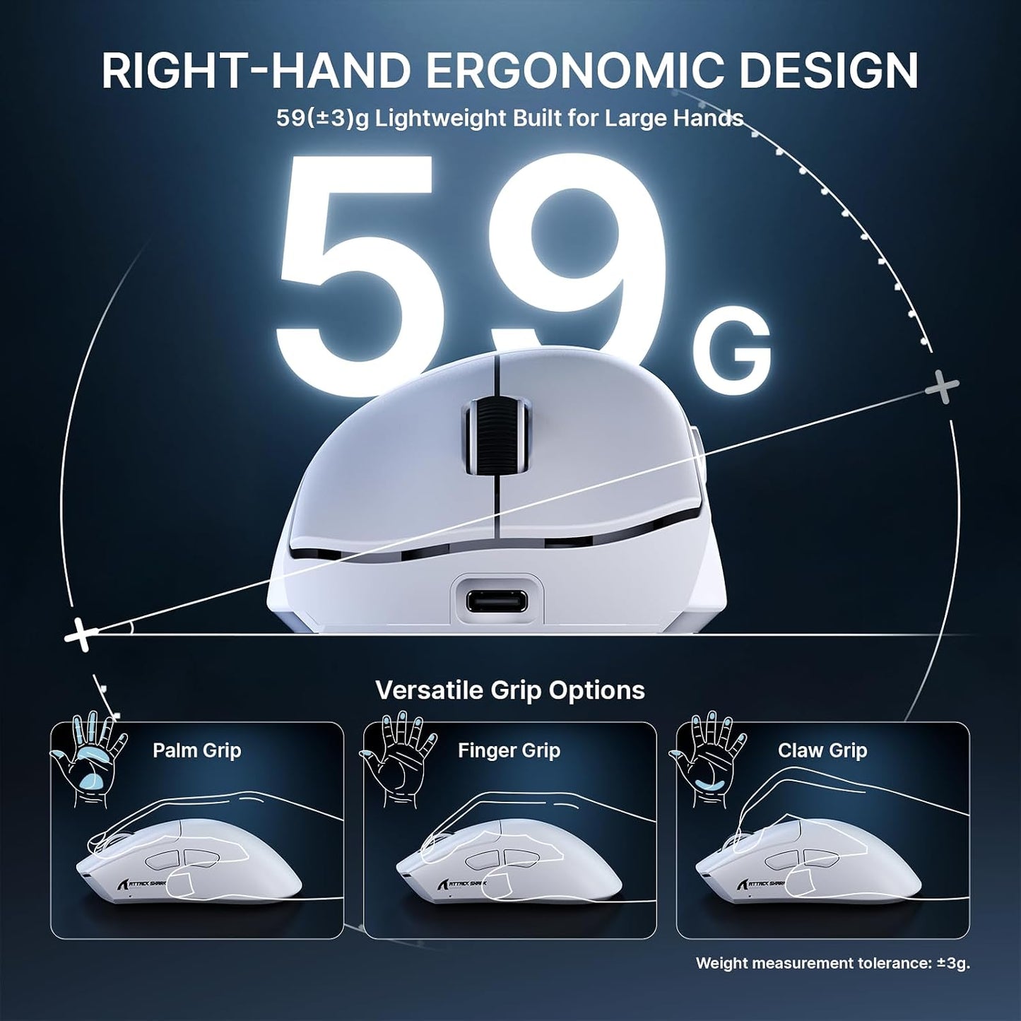 ATTACK SHARK V8 Ultra-Light Ergonomic Wireless Gaming Mouse