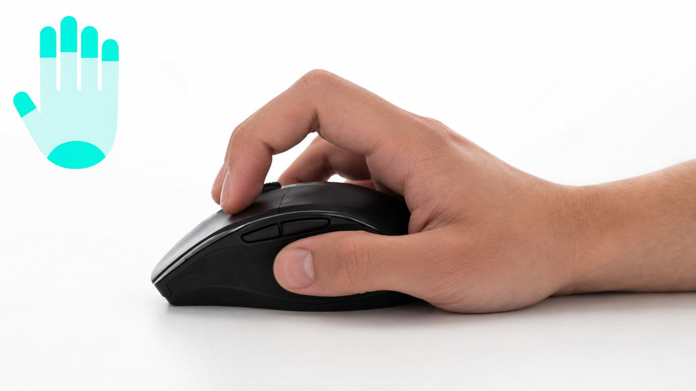 Hand holding a mouse with clearly arched fingers in claw grip