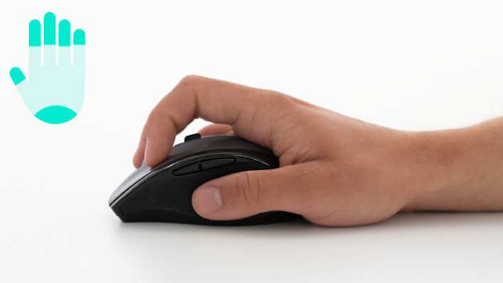 Hand holding a mouse with arched fingers in claw grip