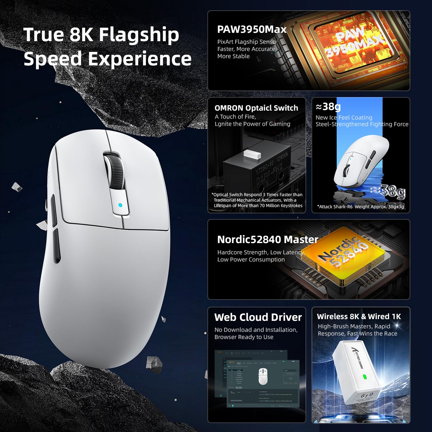Attack Shark R6 Ultralight 39G Wireless 8K product feature