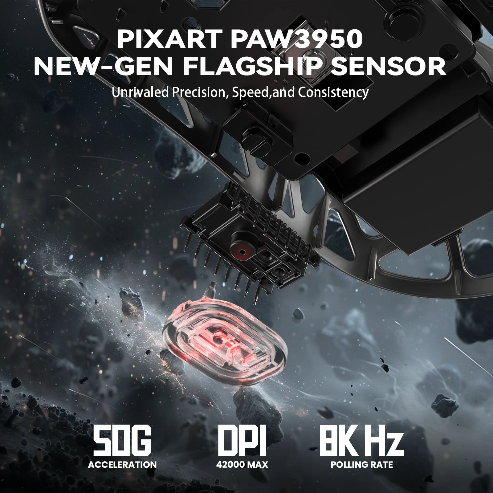 PixArt PAW3950 sensor specs: 50g acceleration, 42000 DPI, 8K polling rate for gaming mouse.