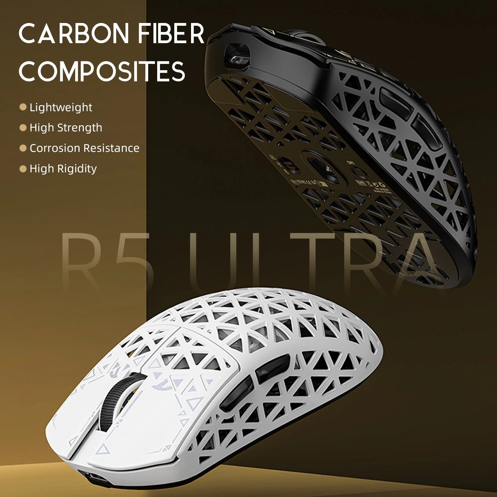 Attack Shark R5 Ultra gaming mouse, carbon fiber design in black and white. Lightweight, high strength, for gaming.