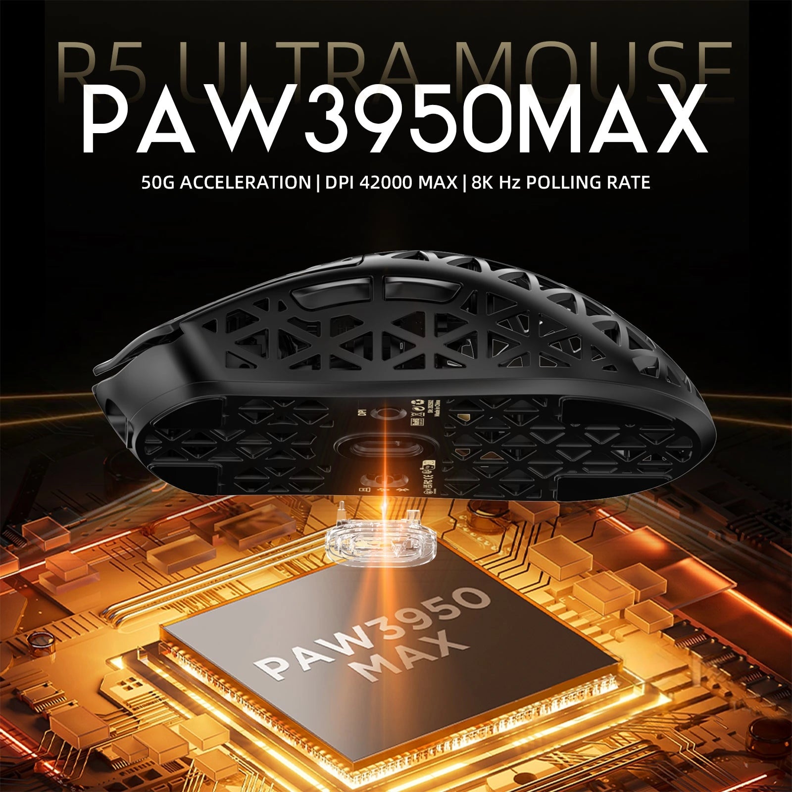 ATTACK SHARK R5 Ultra gaming mouse, black carbon fiber, PAW3950MAX sensor, 8K polling rate