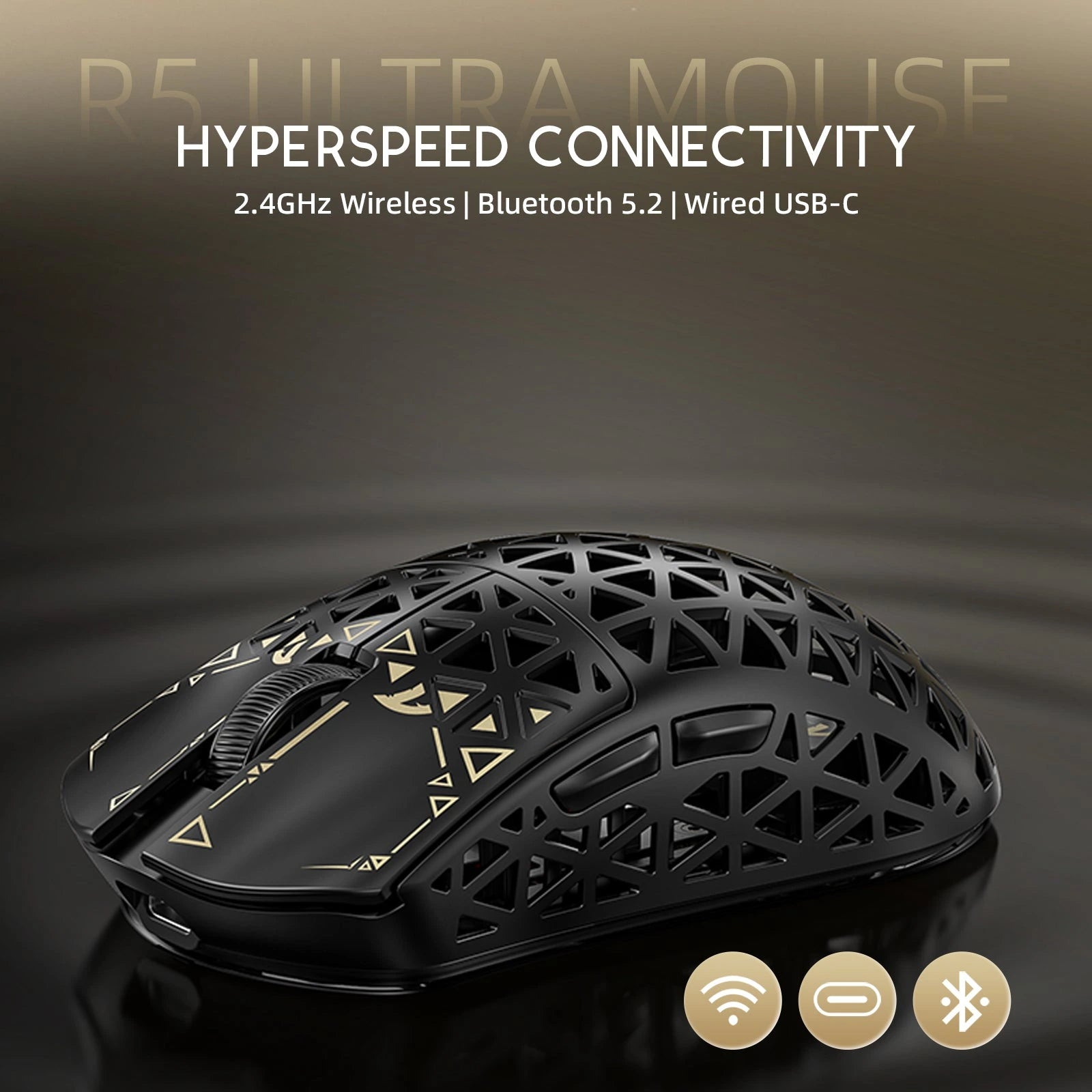 ATTACK SHARK R5 Ultra carbon fiber gaming mouse, black with gold accents, wireless connectivity and USB-C